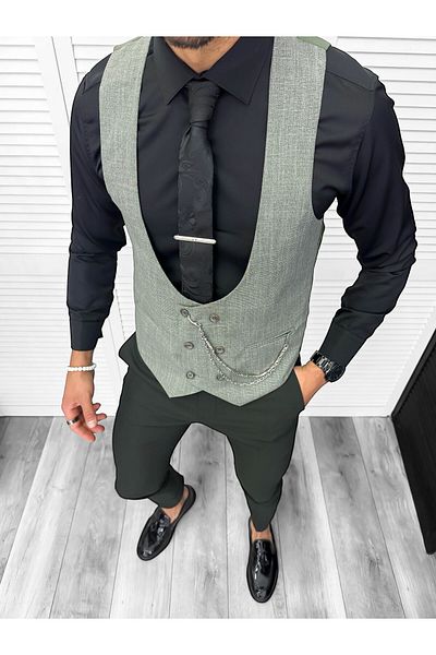 dehaine Men's suit, pants plus vest, green, B1469