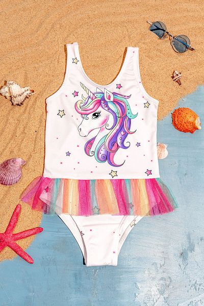 Beniizle Star Patterned Colorful Tulle Detailed Girl's Swimsuit
