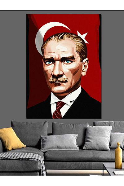 Tablomega Mustafa Kemal Atatürk under the Flag Decorative Canvas - Mdf Wooden Painting