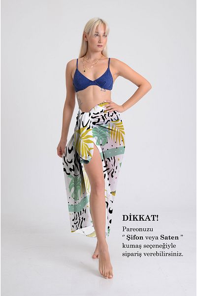 DESENİX Tropical Leaves and Fruits Pattern Pareo - 100X145 cm - Silky Chiffon & Luxury Satin Fabric Option