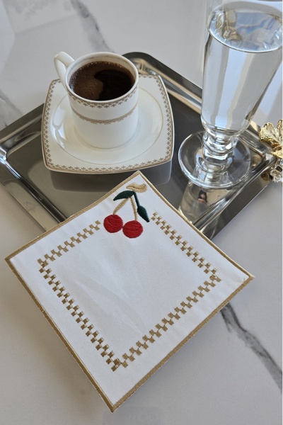 Tatlı Sebep 6 Pieces Linen Fabric Embroidered Coffee Side Cocktail Napkin Coaster Cherry Model