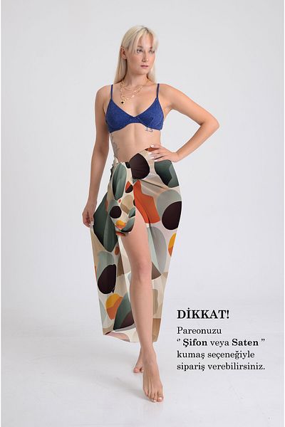 DESENİX Colorful Geometry Patterned Pareo - 100X145 cm - Silky Chiffon & Luxury Satin Fabric Option- Beach Dress
