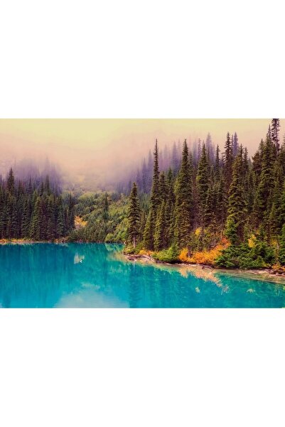 ve Tablou Canvas, Lac de munte, Ceata, 80 x 50 cm, Rama lemn, Multicolor