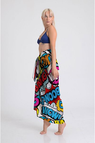 DESENİX Pop Art Dynamics Patterned Pareo - 100X145Cm- Silky Chiffon & Luxurious Satin Fabric Option- Beach Dress