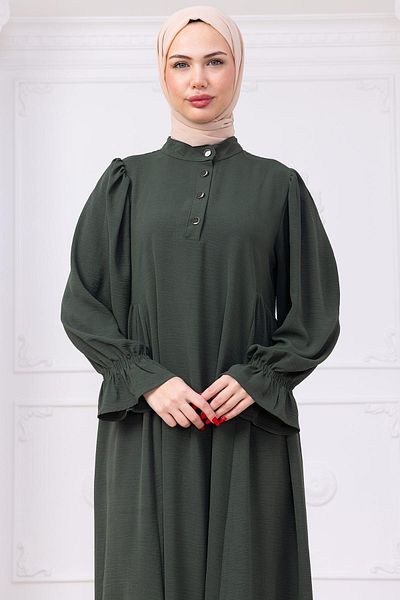 hafsamina Eva Hijab Dress with Elastic Sleeves Khaki Hm2758