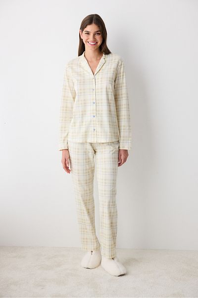 Penti Baumwoll-Ecru-Pyjama-Set mit kariertem Ecru-Hemd und Hose
