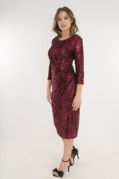 cupper Μπορντό φόρεμα με πούλιες και βολάν στη μέση