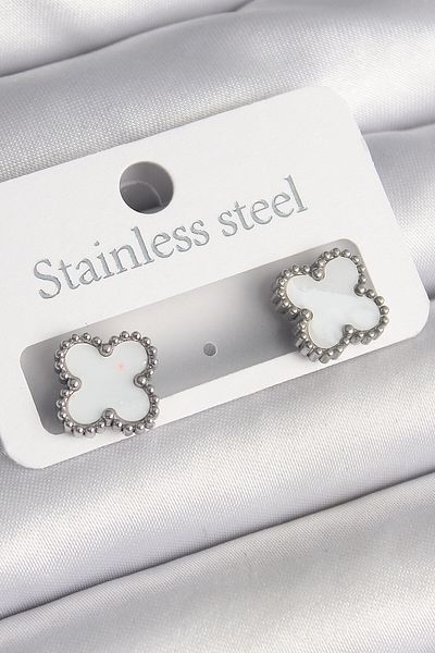 Clariss 316L Steel Silver Color White Clover Model Women's Earrings