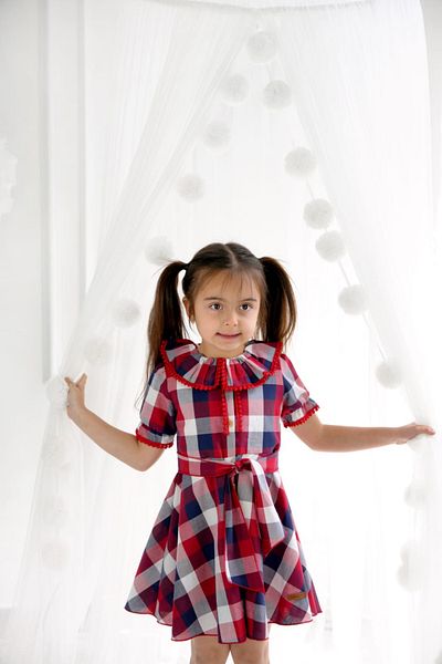 KALİNKA KİDS WEAR Girl's Checked Ruffle Dress with Belt and Button Detail