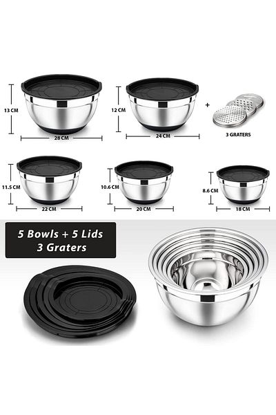 Mimelon 14-Pc Mixing Bowls With Airtight Lids | Stainless Steel Mixing Bowls Set With 3 Grater Attachments