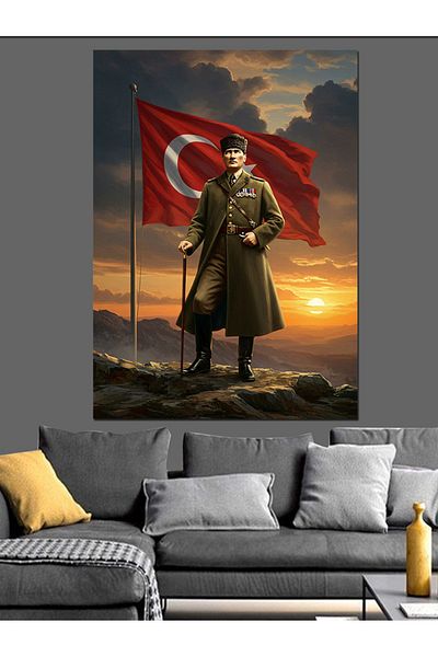 Tablomega Mustafa Kemal Atatürk and Flag Decorative Canvas - Mdf Wooden Painting