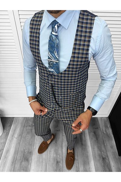 dehaine Men's suit, pants plus vest, navy blue, B4177