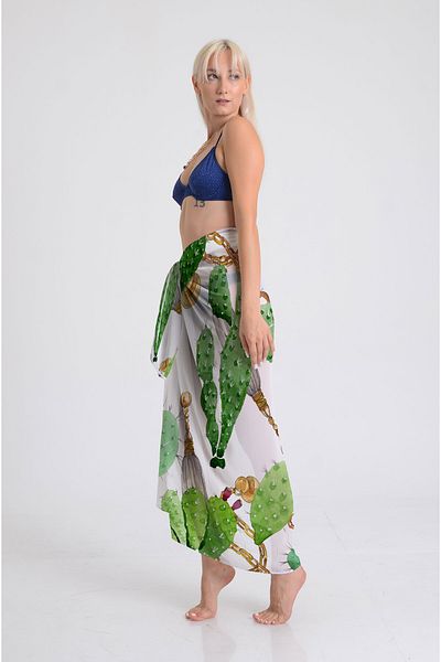 DESENİX Tropical Cactus Print Pareo - 100X145 cm - Silky Chiffon & Luxury Satin Fabric Option- Beach Dress