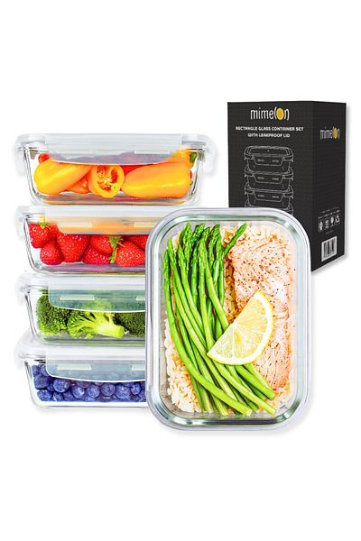 Mimelon 5 Pack, 1050ML Glass Meal Prep Containers, Airtight Glass Food Storage Containers with Lids Airtight