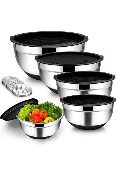 Mimelon 14-Pc Mixing Bowls With Airtight Lids | Stainless Steel Mixing Bowls Set With 3 Grater Attachments