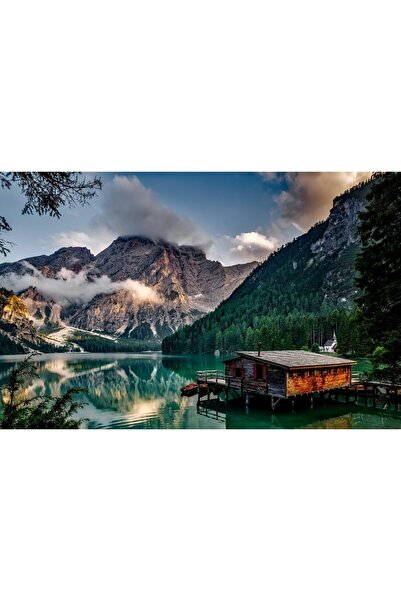 ve Tablou Canvas, Lac de munte, Ceata, Nori, Cabana, 80 x 50 cm, Rama lemn, M...