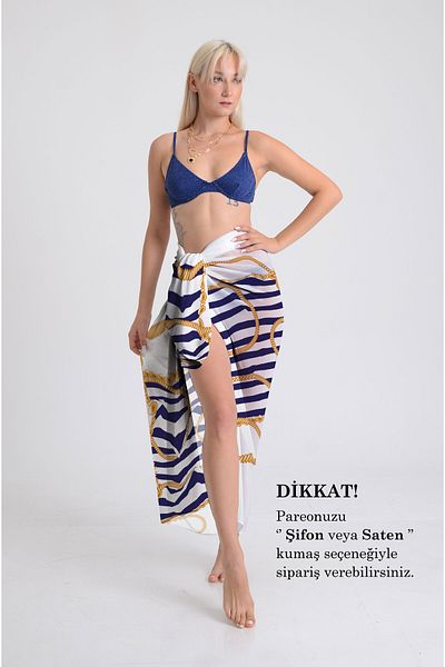 DESENİX Marine Lines Patterned Pareo - 100X145 cm - Silky Chiffon & Luxury Satin Fabric Option- Beach Dress