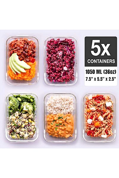 Mimelon 5 Pack, 1050ML Glass Meal Prep Containers, Airtight Glass Food Storage Containers with Lids Airtight