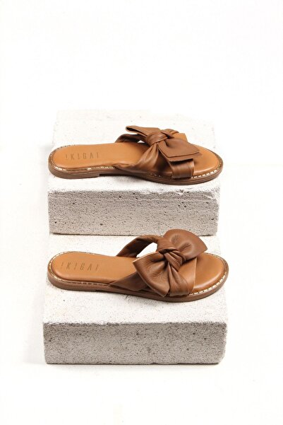 Deriderim Γυναικείες καλοκαιρινές παντόφλες από γνήσιο δέρμα Tan Γνήσιο Δερμάτινο Σόλα Καφέ Μαλακό Γνήσιο Δέρμα