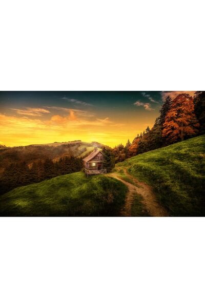 ve Tablou Canvas, Peisaj, Toamna, Apus de soare, Munte, Copaci, Casuta 80 x 5...