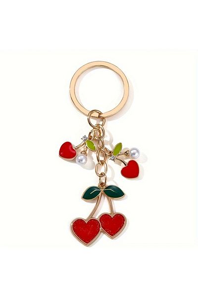 CEDAN Cherry & Heart Keychain - Cute Metal Bag Charm for Women, Perfect Birthday Gift