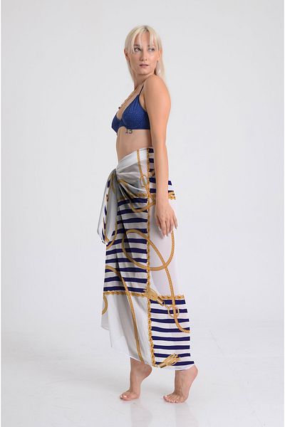 DESENİX Marine Lines Patterned Pareo - 100X145 cm - Silky Chiffon & Luxury Satin Fabric Option- Beach Dress