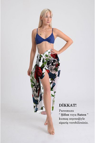 DESENİX Skull and Roses Pattern Pareo - 100X145 cm - Silky Chiffon & Luxury Satin Fabric Option- Beach Dress