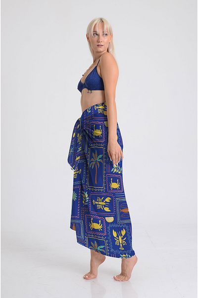 DESENİX Blue Summer Print Pareo - 100X145 cm - Silky Chiffon & Luxury Satin Fabric Option - Beach Dress