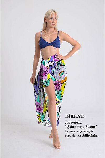 DESENİX Pop Art Explosion Pattern Pareo - 100X145 Cm- Silky Chiffon & Luxurious Satin Fabric Option- Beach Dress
