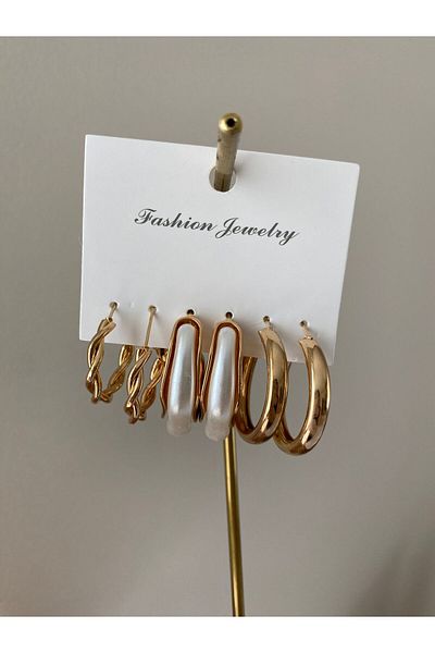marsel aksesuar Special Series Gold Twist Detail White Triple Earring Set