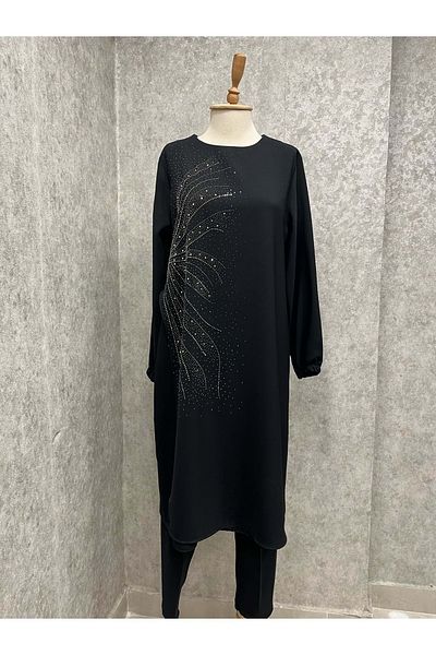 QETEN 25Y2332 Suit Tunic Trousers with Stones on the Front Long Black