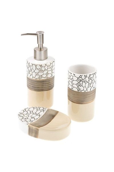 BREZIUM Bathroom accessories set, ceramic, 3 pieces, soap dispenser, soap dish, toothbrush holder