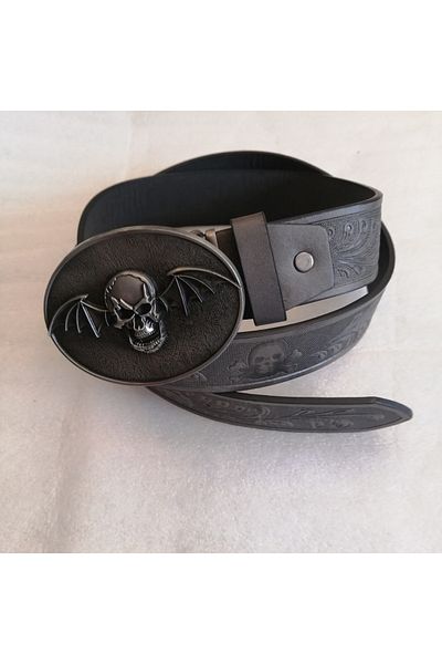 Butik Tülin Unisex Authentic Faux Leather Gray Leaf Skeleton Print Silver Bat Skull Cowboy Buckle Belt Thailand