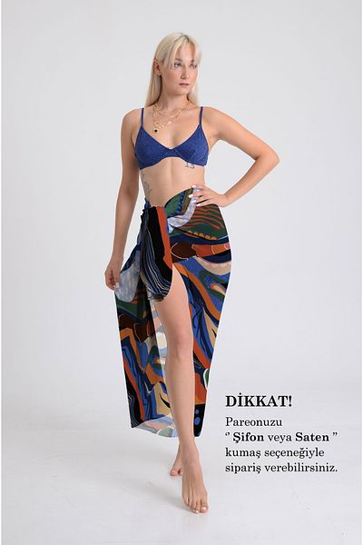DESENİX Colorful Geometric Lines Pattern Pareo - 100X145 cm - Silky Chiffon & Luxury Satin Fabric Option