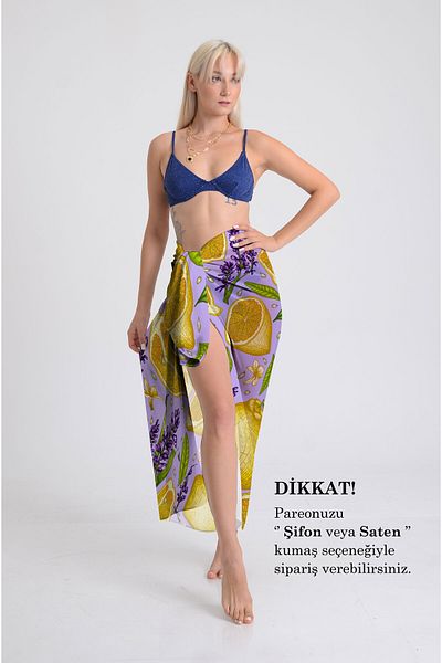 DESENİX Lavender and Lemon Print Pareo - 100X145 cm - Silky Chiffon & Luxury Satin Fabric Option - Beach Dress