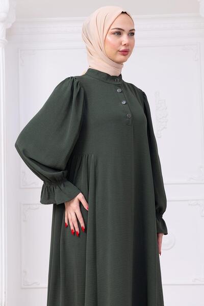 hafsamina Eva Hijab Φόρεμα με Λαστιχένια Μανίκια Χακί HM2758