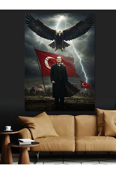 Tablomega Mustafa Kemal Atatürk and Eagle Decorative Canvas - Mdf Wooden Painting