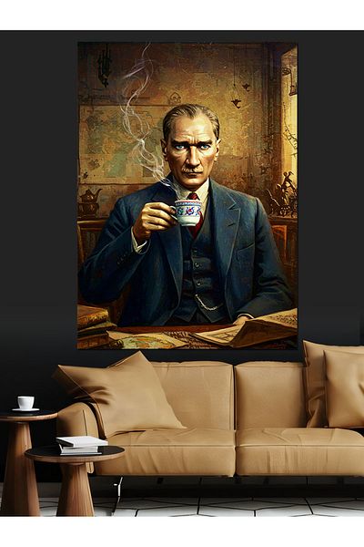 Tablomega Mustafa Kemal Atatürk and Coffee Decorative Canvas - Mdf Wooden Painting