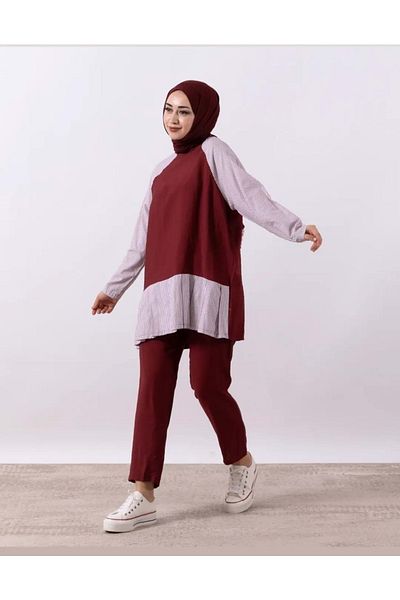 Rumella 25Y4282 Suit Tunic Trousers Sleeves Striped Burgundy