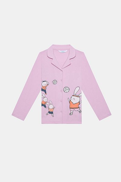 Penti Set de pijamale pentru fete din bumbac Volleybunny, cămașă cu nasturi alb