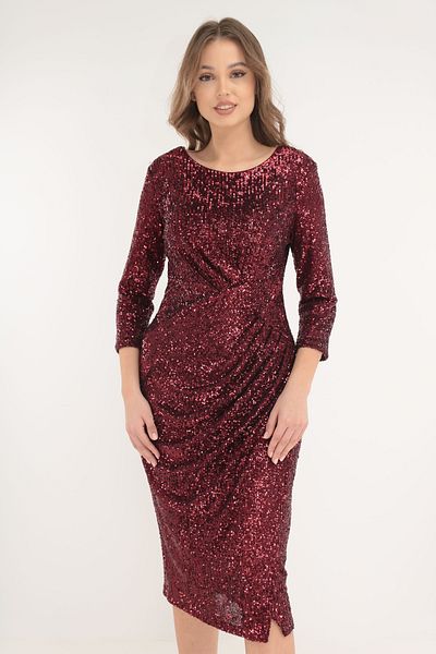 cupper Burgundy sequined occasion dress with ruffles at the waist