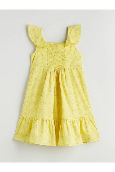 LC Waikiki LCW Kids Rochie pentru fetiță cu guler pătrat verde cu detaliu feston