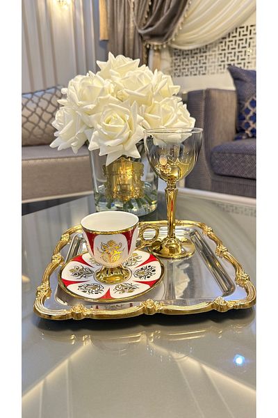 Vakıf home 6-Person 12-Piece Footed Nigah Model Colorful Gold Coffee Cup Set