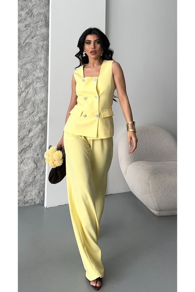 pembekurdelem Kadın Kare Yaka Klasik Yelek Pantolon Takım Sarı