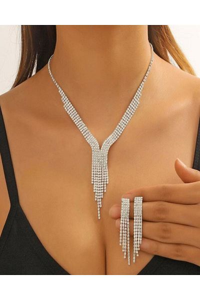 muptejewelry Stoned Waterway Necklace and Earrings Jewelry Set 5 Rows - Special Design Evening Dress Choker