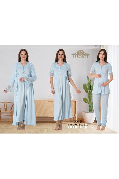 EM&FA TEKSTİL Lace Detailed Maternity Maternity 3-Piece Dressing Gown Nightgown Pajama Set