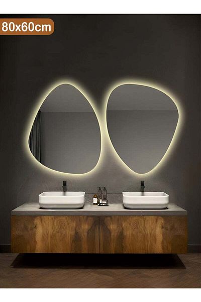 Taimi Set of 2 Irregular Mirrors Touch LED Backlight 3 Light Colors for Bathroom and Bedroom 80x60cm