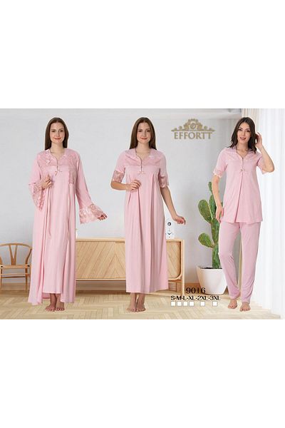 EM&FA TEKSTİL Lace Detailed Maternity Maternity 3-Piece Dressing Gown Nightgown Pajama Set