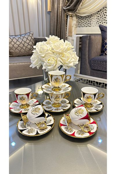 Vakıf home 6-Person 12-Piece Footed Nigah Model Colorful Gold Coffee Cup Set
