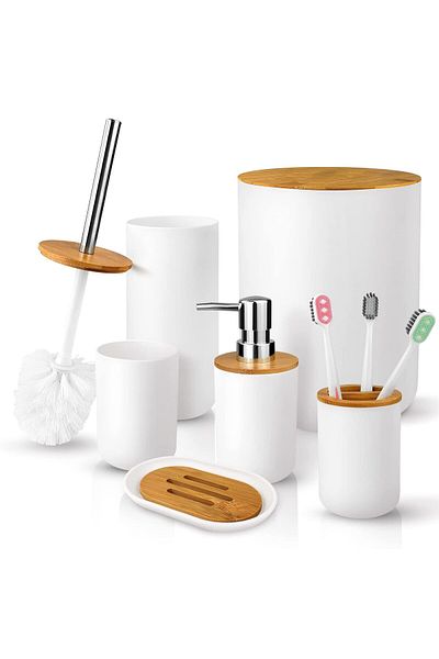 Mimelon 6-pcs Bathroom Accessory Set, Bathroom Set Includes Toothbrush Holder, Soap Dish, Toilet Brush
